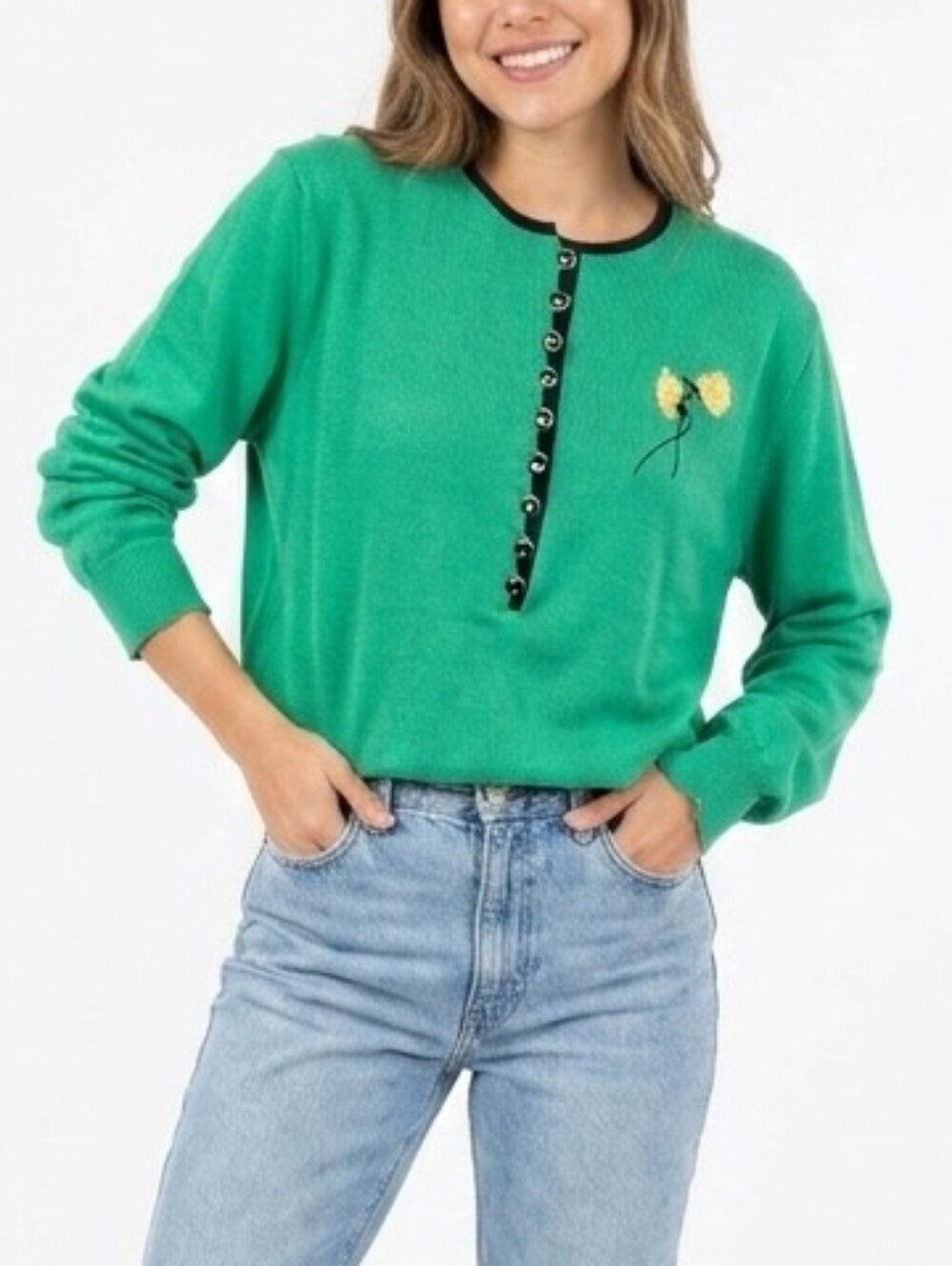 Vintage Lucia Green Sweater with Flower Embroidery And Half Button Front
